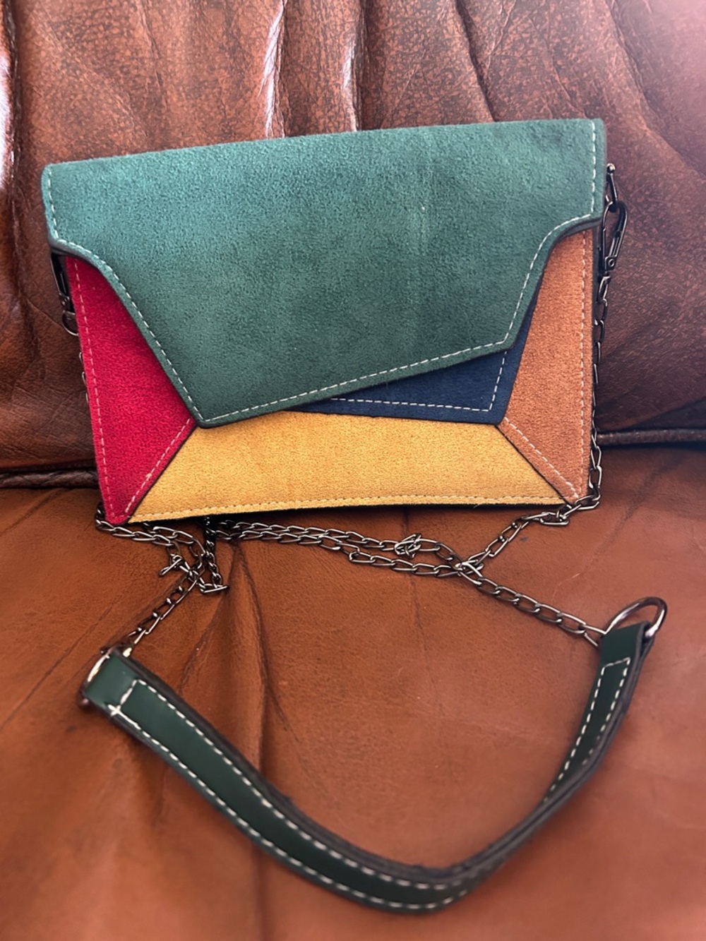 Multicolor Suede Envelope Crossbody Bag - Green/Red/Blue/Yellow/Tan